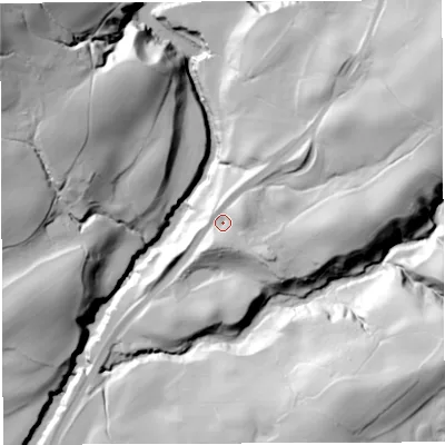 Shaded relief map of the ground around LA105LT, computed from Environment Agency LiDAR. The ground here sits at about 142 m above sea level and falls 67 m across the surrounding 800 m. Surface water reaching this point runs off ground lying to the east-north-east, 30.1 m higher.