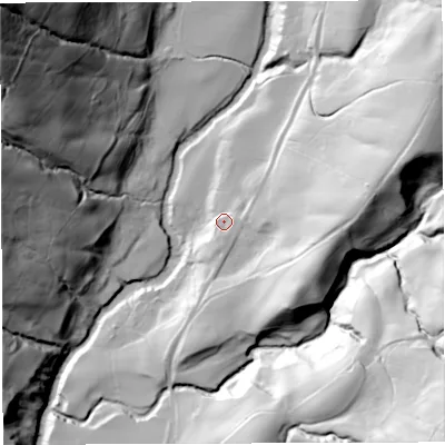 Shaded relief map of the ground around LA105NB, computed from Environment Agency LiDAR. The ground here sits at about 171 m above sea level and falls 127 m across the surrounding 800 m. Surface water reaching this point runs off ground lying to the east-north-east, 44.9 m higher.