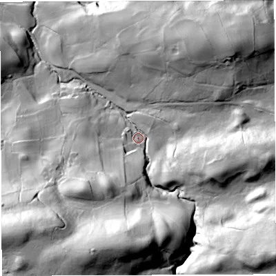 Shaded relief map of the ground around LA105NP, computed from Environment Agency LiDAR. The ground here sits at about 158 m above sea level and falls 85 m across the surrounding 800 m. Surface water reaching this point runs off ground lying to the south-east, 63.5 m higher.