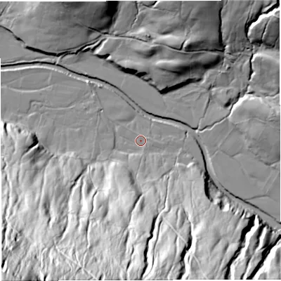 Shaded relief map of the ground around LA105PA, computed from Environment Agency LiDAR. The ground here sits at about 189 m above sea level and falls 164 m across the surrounding 800 m. Surface water reaching this point runs off ground lying to the south-south-west, 101.1 m higher.