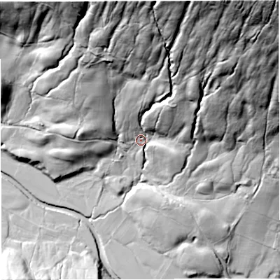 Shaded relief map of the ground around LA105PB, computed from Environment Agency LiDAR. The ground here sits at about 209 m above sea level and falls 171 m across the surrounding 800 m. Surface water reaching this point runs off ground lying to the north-east, 137.4 m higher.
