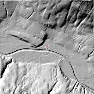 Shaded relief map of the ground around LA105PE, computed from Environment Agency LiDAR. The ground here sits at about 203 m above sea level and falls 149 m across the surrounding 800 m. Surface water reaching this point runs off ground lying to the east-south-east, 3.1 m higher.