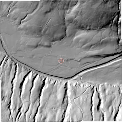Shaded relief map of the ground around LA105PF, computed from Environment Agency LiDAR. The ground here sits at about 212 m above sea level and falls 113 m across the surrounding 800 m. Surface water reaching this point runs off ground lying to the east-north-east, 10.0 m higher.