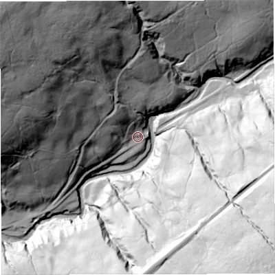 Shaded relief map of the ground around LA105PL, computed from Environment Agency LiDAR. The ground here sits at about 268 m above sea level and falls 145 m across the surrounding 800 m. Surface water reaching this point runs off ground lying to the north-west, 28.8 m higher.