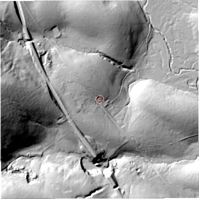 Shaded relief map of the ground around LA105PX, computed from Environment Agency LiDAR. The ground here sits at about 335 m above sea level and falls 81 m across the surrounding 800 m. Surface water reaching this point runs off ground lying to the west, 14.9 m higher.