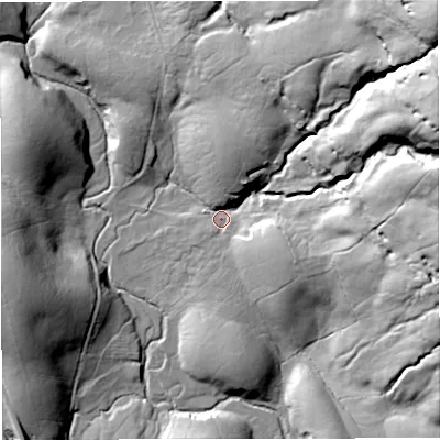 Shaded relief map of the ground around LA105PY, computed from Environment Agency LiDAR. The ground here sits at about 342 m above sea level and falls 98 m across the surrounding 800 m. Surface water reaching this point runs off ground lying to the north-east, 84.7 m higher.