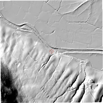 Shaded relief map of the ground around LA105QG, computed from Environment Agency LiDAR. The ground here sits at about 120 m above sea level and falls 233 m across the surrounding 800 m. Surface water reaching this point runs off ground lying to the south-west, 165.2 m higher.