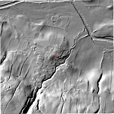 Shaded relief map of the ground around LA105QL, computed from Environment Agency LiDAR. The ground here sits at about 146 m above sea level and falls 108 m across the surrounding 800 m. Surface water reaching this point runs off ground lying to the west-north-west, 3.7 m higher.
