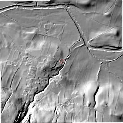 Shaded relief map of the ground around LA105QN, computed from Environment Agency LiDAR. The ground here sits at about 138 m above sea level and falls 95 m across the surrounding 800 m. Surface water reaching this point runs off ground lying to the south-west, 78.8 m higher.