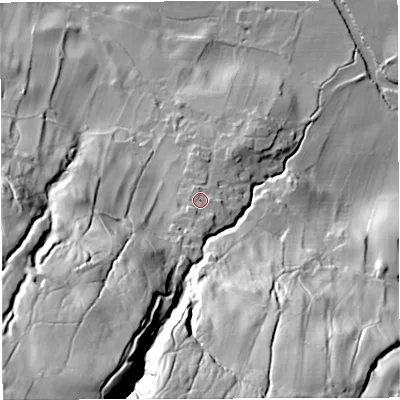 Shaded relief map of the ground around LA105QR, computed from Environment Agency LiDAR. The ground here sits at about 152 m above sea level and falls 127 m across the surrounding 800 m. Surface water reaching this point runs off ground lying to the south-west, 92.4 m higher.