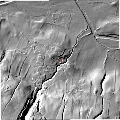 Shaded relief map of the ground around LA105QW, computed from Environment Agency LiDAR. The ground here sits at about 142 m above sea level and falls 111 m across the surrounding 800 m. Surface water reaching this point runs off ground lying to the south-west, 92.6 m higher.