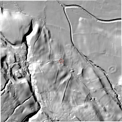 Shaded relief map of the ground around LA105QX, computed from Environment Agency LiDAR. The ground here sits at about 158 m above sea level and falls 109 m across the surrounding 800 m. Surface water reaching this point runs off ground lying to the south-south-west, 42.5 m higher.