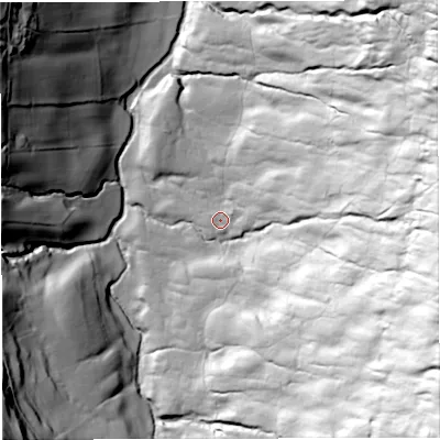Shaded relief map of the ground around LA105RA, computed from Environment Agency LiDAR. The ground here sits at about 229 m above sea level and falls 171 m across the surrounding 800 m. Surface water reaching this point runs off ground lying to the east, 12.3 m higher.