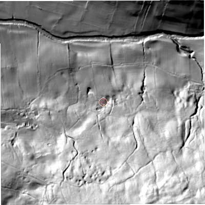 Shaded relief map of the ground around LA105RE, computed from Environment Agency LiDAR. The ground here sits at about 175 m above sea level and falls 159 m across the surrounding 800 m. Surface water reaching this point runs off ground lying to the south-south-east, 116.3 m higher.