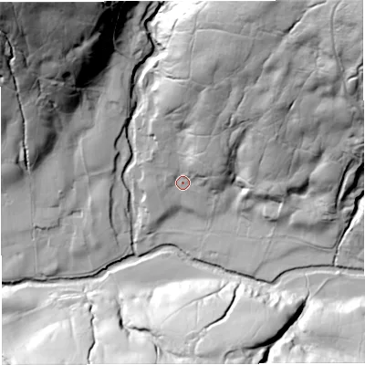 Shaded relief map of the ground around LA105RJ, computed from Environment Agency LiDAR. The ground here sits at about 223 m above sea level and falls 118 m across the surrounding 800 m. Surface water reaching this point runs off ground lying to the north-north-east, 80.2 m higher.