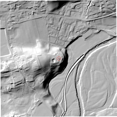Shaded relief map of the ground around LA105SG, computed from Environment Agency LiDAR. The ground here sits at about 131 m above sea level and falls 38 m across the surrounding 800 m. The ground contributing surface water to this point lies to the west-south-west.