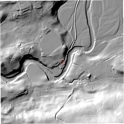 Shaded relief map of the ground around LA105SJ, computed from Environment Agency LiDAR. The ground here sits at about 111 m above sea level and falls 85 m across the surrounding 800 m. Surface water reaching this point runs off ground lying to the north, 9.9 m higher.