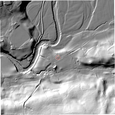Shaded relief map of the ground around LA105SL, computed from Environment Agency LiDAR. The ground here sits at about 117 m above sea level and falls 91 m across the surrounding 800 m. Surface water reaching this point runs off ground lying to the south, 5.8 m higher.