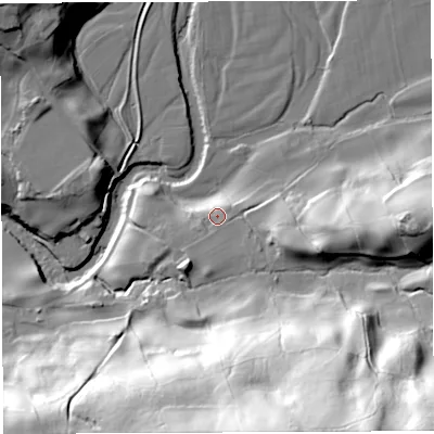 Shaded relief map of the ground around LA105SN, computed from Environment Agency LiDAR. The ground here sits at about 117 m above sea level and falls 87 m across the surrounding 800 m. Surface water reaching this point runs off ground lying to the south, 1.9 m higher.