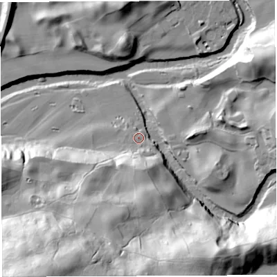 Shaded relief map of the ground around LA105SS, computed from Environment Agency LiDAR. The ground here sits at about 98 m above sea level and falls 83 m across the surrounding 800 m. Surface water reaching this point runs off ground lying to the south, 18.3 m higher.