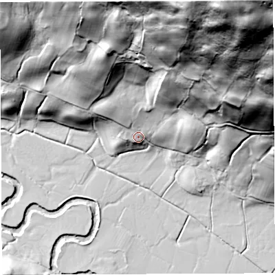 Shaded relief map of the ground around LA105SX, computed from Environment Agency LiDAR. The ground here sits at about 123 m above sea level and falls 169 m across the surrounding 800 m. Surface water reaching this point runs off ground lying to the north-north-east, 134.2 m higher.
