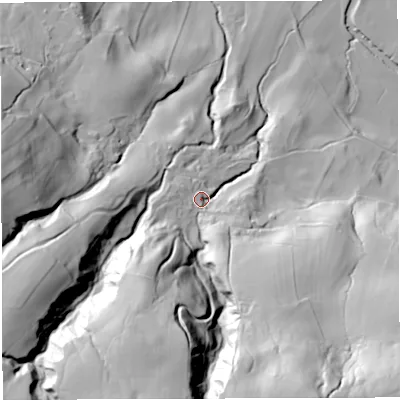 Shaded relief map of the ground around LA105TA, computed from Environment Agency LiDAR. The ground here sits at about 166 m above sea level and falls 104 m across the surrounding 800 m. Surface water reaching this point runs off ground lying to the south-south-west, 68.7 m higher.