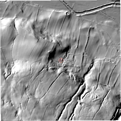 Shaded relief map of the ground around LA105TB, computed from Environment Agency LiDAR. The ground here sits at about 169 m above sea level and falls 138 m across the surrounding 800 m. Surface water reaching this point runs off ground lying to the south-south-west, 95.4 m higher.