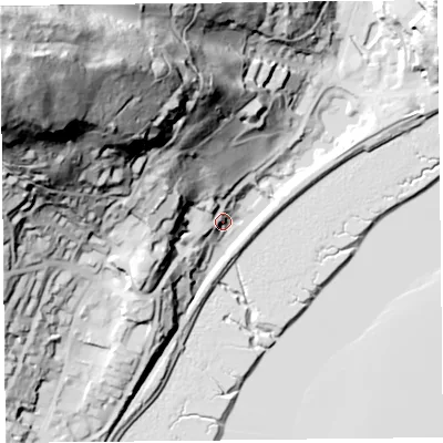 Shaded relief map of the ground around LA116DY, computed from Environment Agency LiDAR. The ground here sits at about 12 m above sea level and falls 128 m across the surrounding 800 m. Surface water reaching this point runs off ground lying to the north-west, 105.6 m higher.