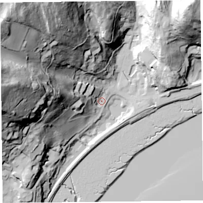 Shaded relief map of the ground around LA116ED, computed from Environment Agency LiDAR. The ground here sits at about 8 m above sea level and falls 111 m across the surrounding 800 m. Surface water reaching this point runs off ground lying to the west, 97.6 m higher.