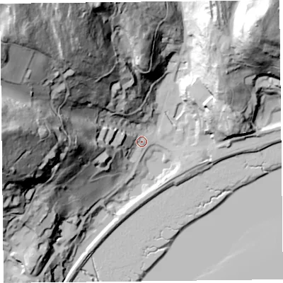 Shaded relief map of the ground around LA116EF, computed from Environment Agency LiDAR. The ground here sits at about 8 m above sea level and falls 115 m across the surrounding 800 m. Surface water reaching this point runs off ground lying to the north-west, 109.2 m higher.