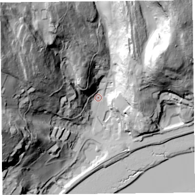 Shaded relief map of the ground around LA116EG, computed from Environment Agency LiDAR. The ground here sits at about 6 m above sea level and falls 113 m across the surrounding 800 m. Surface water reaching this point runs off ground lying to the north-west, 109.5 m higher.