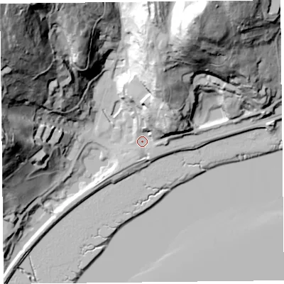 Shaded relief map of the ground around LA116EH, computed from Environment Agency LiDAR. The ground here sits at about 8 m above sea level and falls 94 m across the surrounding 800 m. Surface water reaching this point runs off ground lying to the north-north-east, 26.5 m higher.