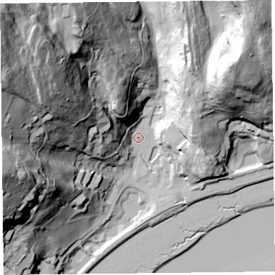 Shaded relief map of the ground around LA116EQ, computed from Environment Agency LiDAR. The ground here sits at about 7 m above sea level and falls 116 m across the surrounding 800 m. Surface water reaching this point runs off ground lying to the north-west, 111.4 m higher.