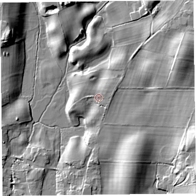 Shaded relief map of the ground around LA116HF, computed from Environment Agency LiDAR. The ground here sits at about 34 m above sea level and falls 16 m across the surrounding 800 m. Surface water reaching this point runs off ground lying to the east-north-east, 2.2 m higher.