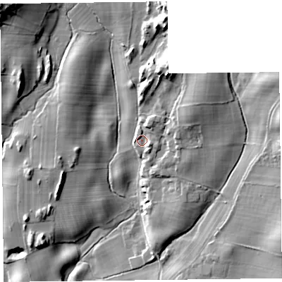 Shaded relief map of the ground around LA116HH, computed from Environment Agency LiDAR. The ground here sits at about 40 m above sea level and falls 29 m across the surrounding 800 m. Surface water reaching this point runs off ground lying to the north-north-east, 12.4 m higher.