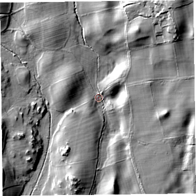 Shaded relief map of the ground around LA116HP, computed from Environment Agency LiDAR. The ground here sits at about 51 m above sea level and falls 24 m across the surrounding 800 m. Surface water reaching this point runs off ground lying to the north-east, 19.9 m higher.