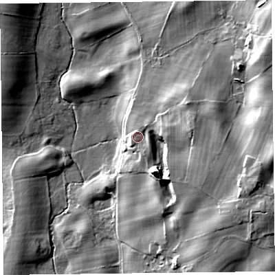 Shaded relief map of the ground around LA116HR, computed from Environment Agency LiDAR. The ground here sits at about 65 m above sea level and falls 23 m across the surrounding 800 m. Surface water reaching this point runs off ground lying to the east-north-east, 5.1 m higher.