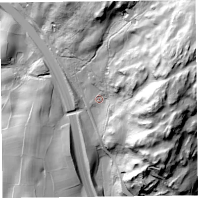 Shaded relief map of the ground around LA116JE, computed from Environment Agency LiDAR. The ground here sits at about 114 m above sea level and falls 136 m across the surrounding 800 m. Surface water reaching this point runs off ground lying to the east-north-east, 109.0 m higher.