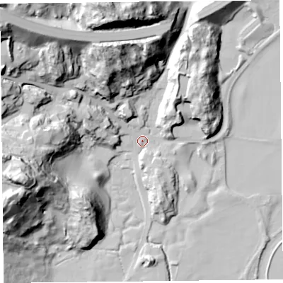 Shaded relief map of the ground around LA116JF, computed from Environment Agency LiDAR. The ground here sits at about 9 m above sea level and falls 70 m across the surrounding 800 m. Surface water reaching this point runs off ground lying to the north-west, 59.8 m higher.
