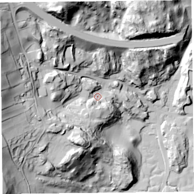 Shaded relief map of the ground around LA116LE, computed from Environment Agency LiDAR. The ground here sits at about 29 m above sea level and falls 94 m across the surrounding 800 m. Surface water reaching this point runs off ground lying to the west, 64.4 m higher.