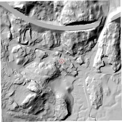 Shaded relief map of the ground around LA116LG, computed from Environment Agency LiDAR. The ground here sits at about 24 m above sea level and falls 94 m across the surrounding 800 m. Surface water reaching this point runs off ground lying to the west, 46.4 m higher.