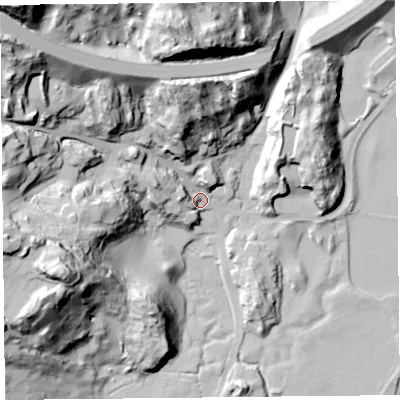 Shaded relief map of the ground around LA116LJ, computed from Environment Agency LiDAR. The ground here sits at about 11 m above sea level and falls 93 m across the surrounding 800 m. Surface water reaching this point runs off ground lying to the north-west, 68.0 m higher.