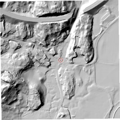 Shaded relief map of the ground around LA116LP, computed from Environment Agency LiDAR. The ground here sits at about 9 m above sea level and falls 82 m across the surrounding 800 m. Surface water reaching this point runs off ground lying to the north-north-west, 46.3 m higher.