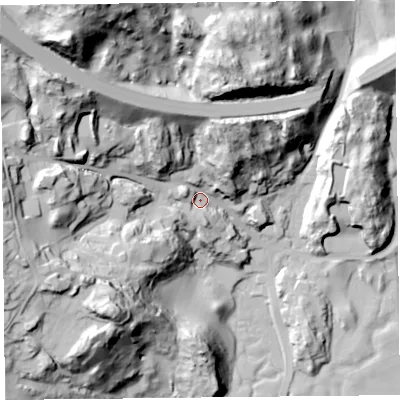 Shaded relief map of the ground around LA116LT, computed from Environment Agency LiDAR. The ground here sits at about 21 m above sea level and falls 98 m across the surrounding 800 m. Surface water reaching this point runs off ground lying to the north-west, 61.5 m higher.