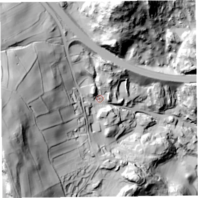 Shaded relief map of the ground around LA116LX, computed from Environment Agency LiDAR. The ground here sits at about 52 m above sea level and falls 133 m across the surrounding 800 m. Surface water reaching this point runs off ground lying to the west, 84.8 m higher.
