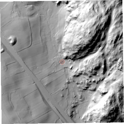 Shaded relief map of the ground around LA116NA, computed from Environment Agency LiDAR. The ground here sits at about 93 m above sea level and falls 100 m across the surrounding 800 m. Surface water reaching this point runs off ground lying to the north-east, 87.5 m higher.