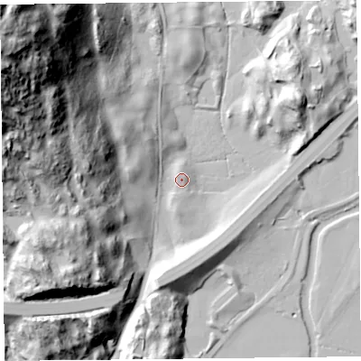 Shaded relief map of the ground around LA116NB, computed from Environment Agency LiDAR. The ground here sits at about 11 m above sea level and falls 133 m across the surrounding 800 m. Surface water reaching this point runs off ground lying to the west-north-west, 124.0 m higher.
