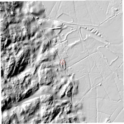 Shaded relief map of the ground around LA116ND, computed from Environment Agency LiDAR. The ground here sits at about 9 m above sea level and falls 127 m across the surrounding 800 m. Surface water reaching this point runs off ground lying to the south-west, 8.0 m higher.
