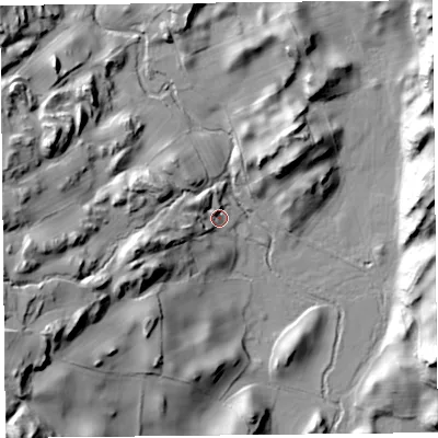 Shaded relief map of the ground around LA116NL, computed from Environment Agency LiDAR. The ground here sits at about 17 m above sea level and falls 51 m across the surrounding 800 m. Surface water reaching this point runs off ground lying to the west, 13.4 m higher.