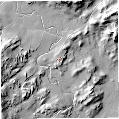 Shaded relief map of the ground around LA116NN, computed from Environment Agency LiDAR. The ground here sits at about 27 m above sea level and falls 51 m across the surrounding 800 m. Surface water reaching this point runs off ground lying to the east-north-east, 2.3 m higher.